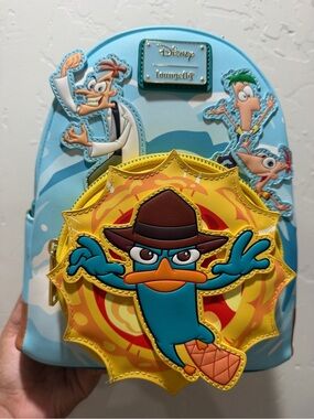 Loungefly Blue Perry the Platypus Kids Mini Backpack with Yellow Sunburst Pocket